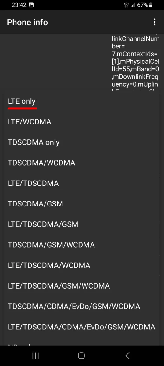 Force 4G/5G Only Screenshot - LTE Only